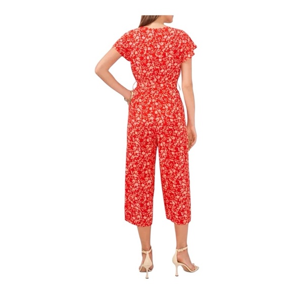 VINCE CAMUTO Fiery Red Island Oasis Flutter Sleeve Floral Cropped Jumpsuit - Picture 4 of 14